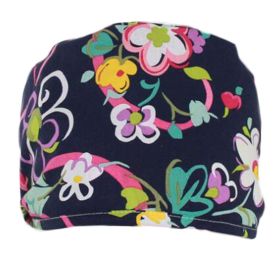 Dark Blue Scrub Cap Men Women Work Cap Adjustable Cotton Tie Back Scrub Cap Dust Cap, Flower